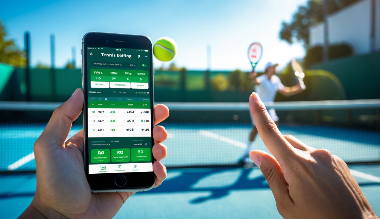 Tangan seseorang memegang ponsel dengan latar belakang lapangan tenis dan pemain yang sedang melakukan servis.