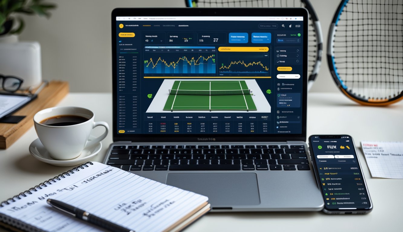 Meja kerja modern dengan laptop, ponsel, dan alat tulis yang menampilkan data dan aplikasi taruhan tenis.