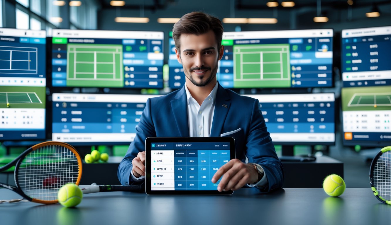 Seorang profesional di kantor modern dengan layar digital menampilkan statistik pertandingan tenis dan opsi taruhan tenis.