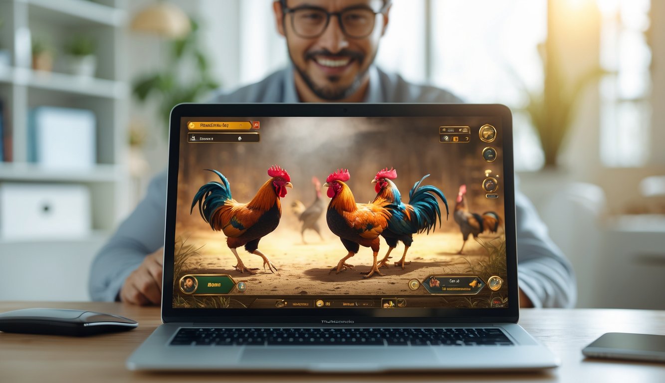 Seseorang menggunakan laptop atau ponsel untuk bermain permainan sabung ayam online di ruangan yang terang dan rapi.