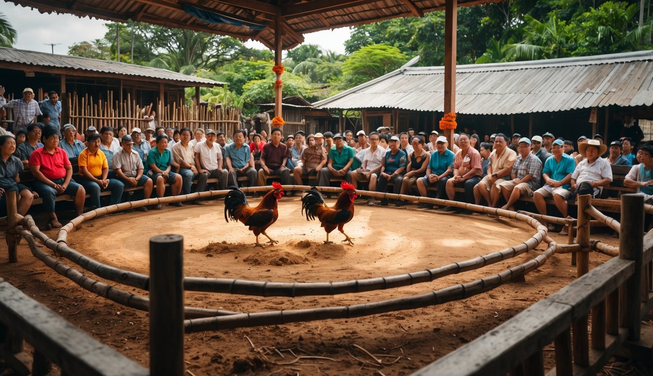 Arena sabung ayam resmi dengan dua ayam bertarung di tengah dan penonton yang memperhatikan di sekelilingnya.