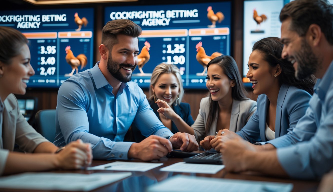 Seorang agen taruhan sabung ayam sedang melayani beberapa pelanggan di kantor taruhan yang modern dan terang.