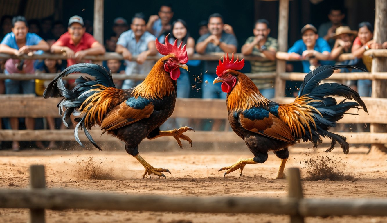 Dua ayam jago sedang bertarung di arena terbuka dengan penonton yang antusias mengelilingi.
