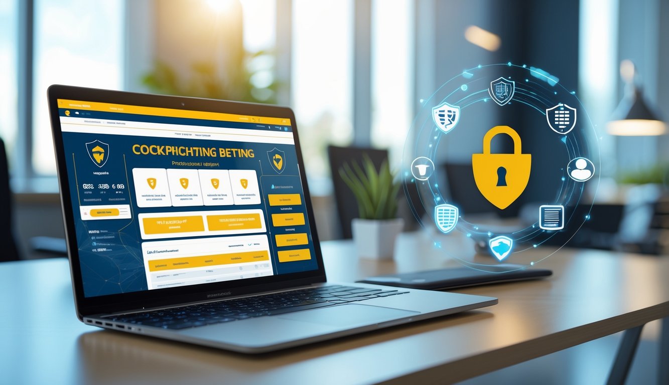 Seorang pria menggunakan laptop di kantor modern dengan simbol keamanan digital di sekitar layar.