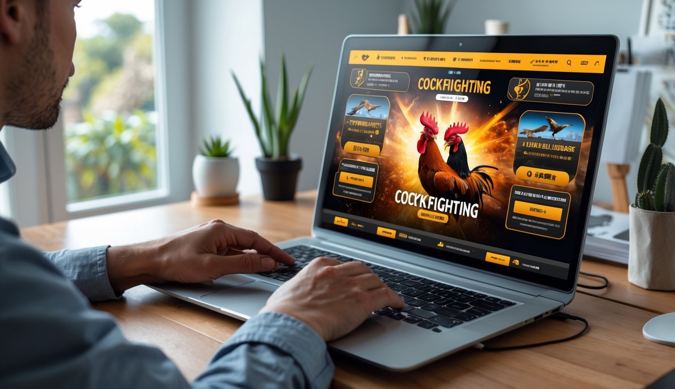 Seseorang menggunakan laptop di meja kerja dengan tampilan situs judi sabung ayam online terpercaya.