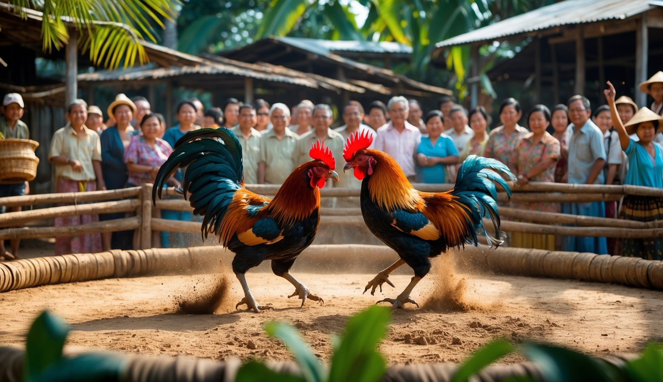 Dua ayam jago bertarung di arena tanah dikelilingi oleh penonton yang antusias di lingkungan pedesaan.