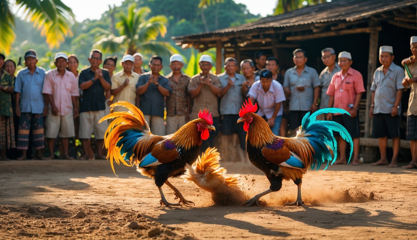 Dua ayam jago sedang bertarung di arena luar ruangan dengan penonton di sekitarnya di pedesaan Indonesia.