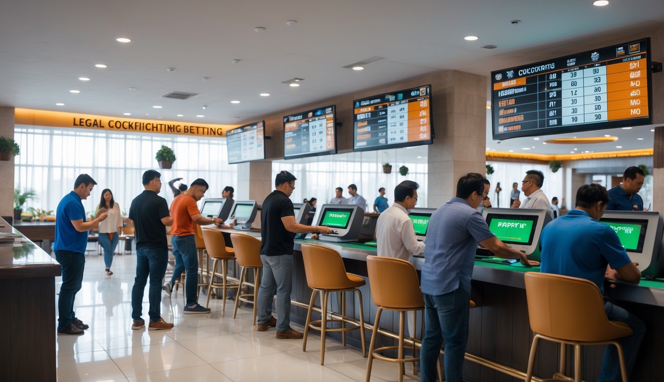 Orang-orang sedang memasang taruhan di tempat taruhan sabung ayam yang legal dan teratur di dalam ruangan modern.