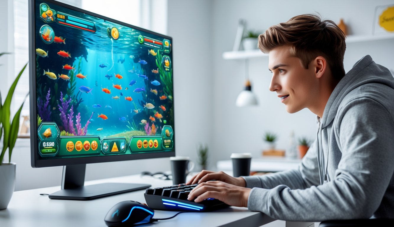 Seorang dewasa muda sedang bermain game tembak ikan online di komputer dengan tampilan ikan berwarna-warni di layar.