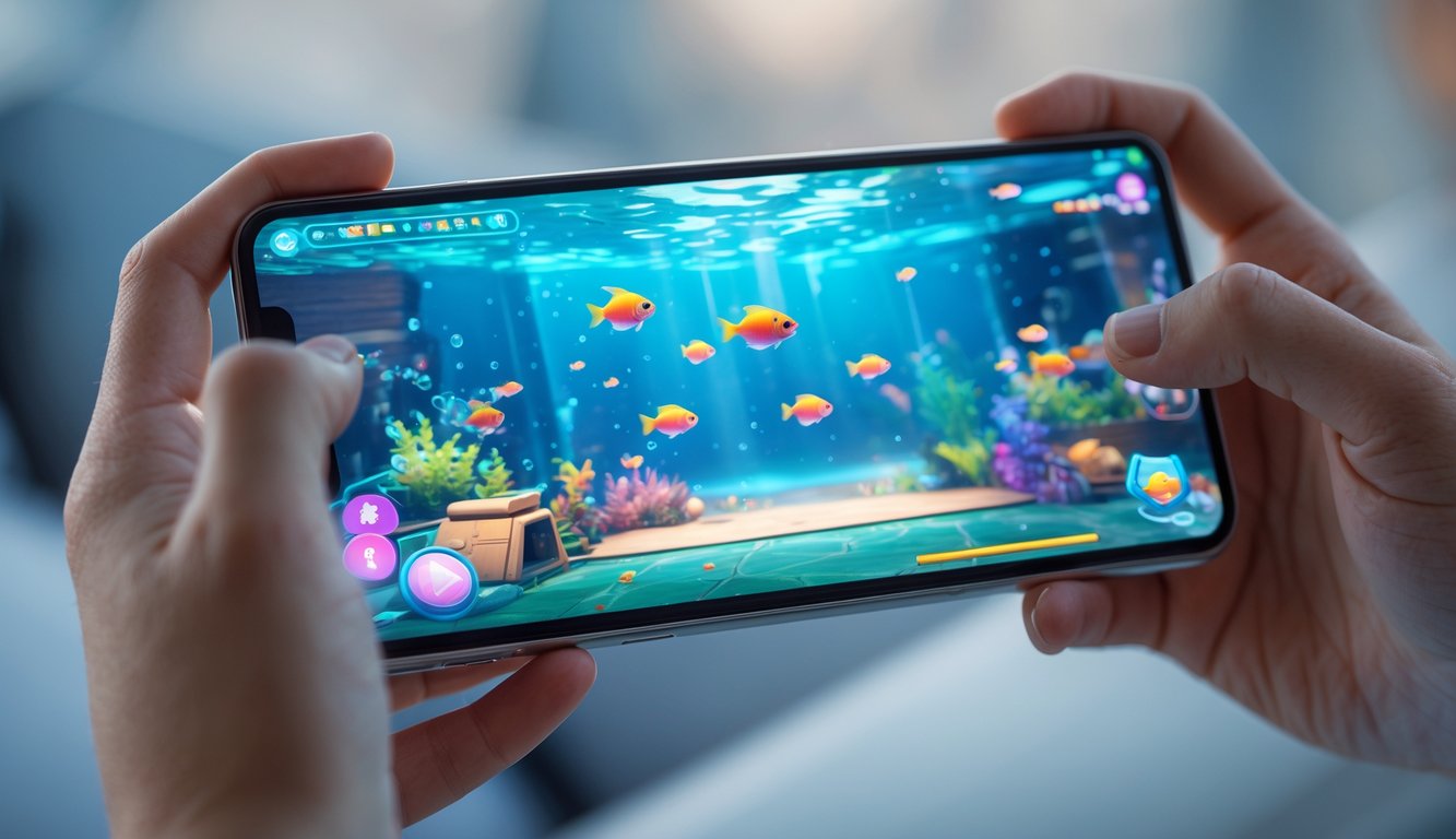 Seseorang memegang ponsel yang menampilkan permainan menembak ikan dengan grafis bawah laut yang berwarna-warni.