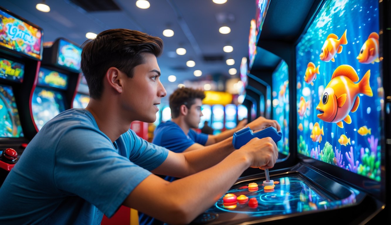 Seorang pemain muda sedang bermain permainan tembak ikan di pusat permainan dengan layar penuh warna dan ikan animasi.