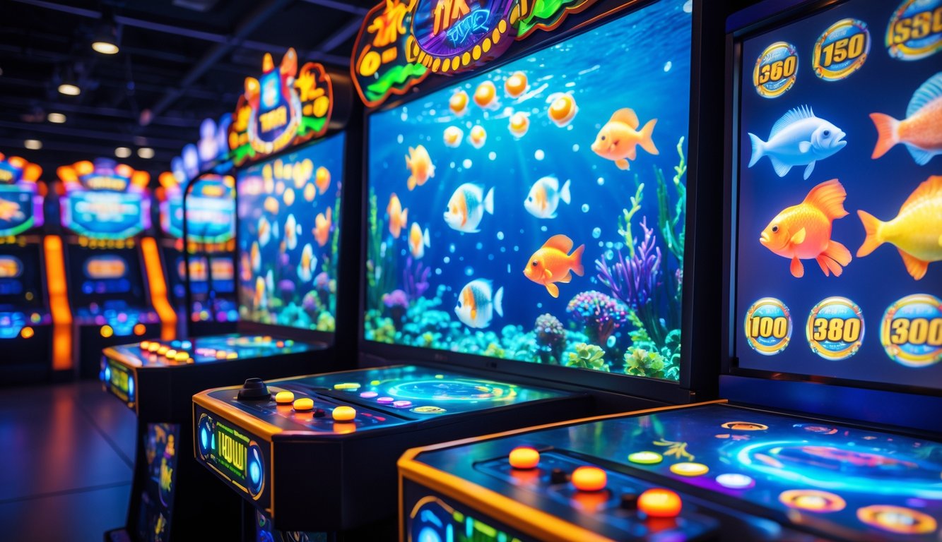 Suasana permainan tembak ikan dengan layar digital menampilkan ikan berwarna-warni dan simbol jackpot, tanpa teks.