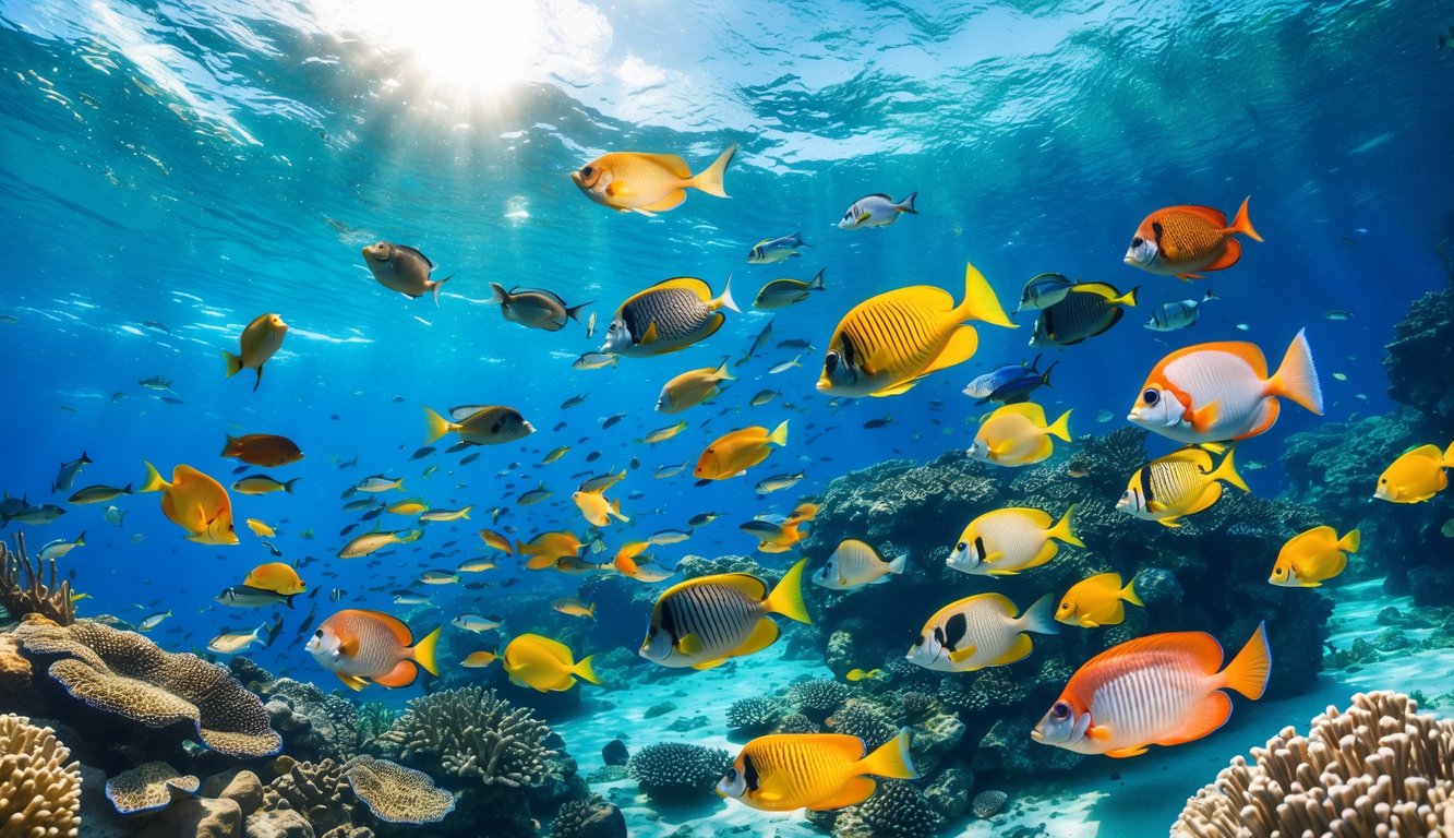 Berbagai ikan tropis berwarna-warni berenang cepat di dekat terumbu karang di bawah air yang jernih.