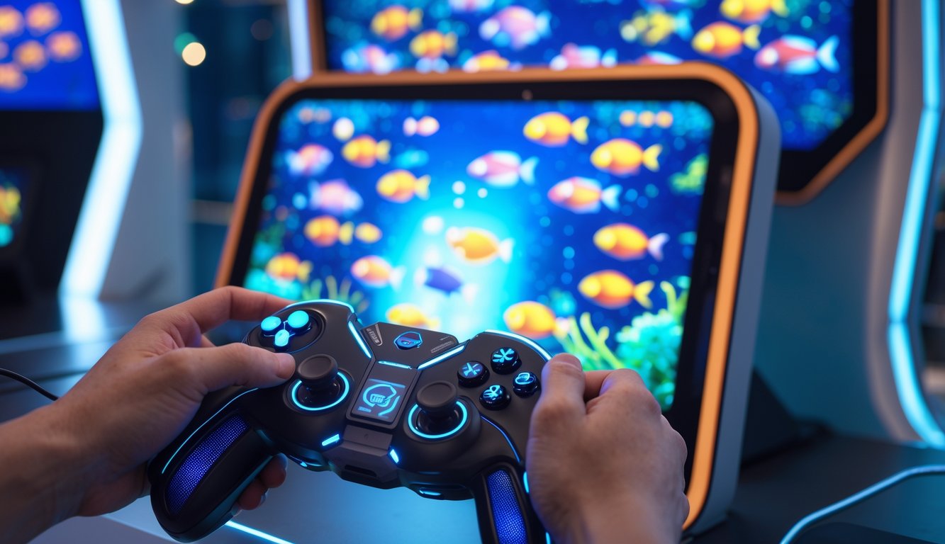 Seorang pemain sedang menggunakan kontroler untuk bermain permainan tembak ikan di layar penuh warna dengan berbagai ikan dan makhluk bawah laut.