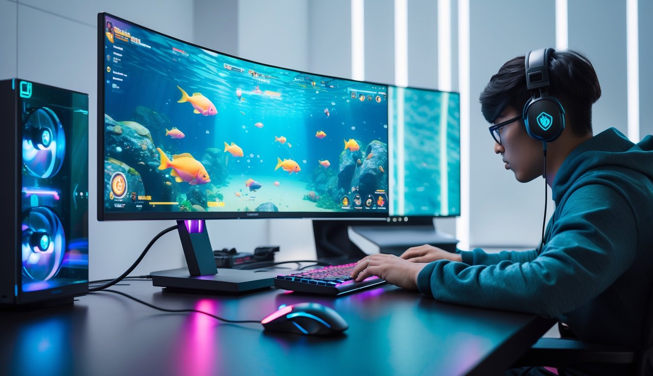 Seorang pemain sedang bermain game tembak ikan di depan komputer dengan latar belakang grafis bawah laut yang cerah dan berwarna-warni.