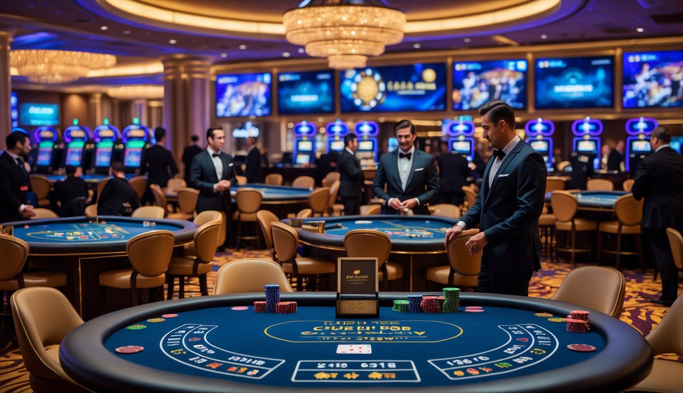 Suasana kasino langsung dengan meja permainan, dealer profesional, dan pemain yang sedang bermain dengan antusias.