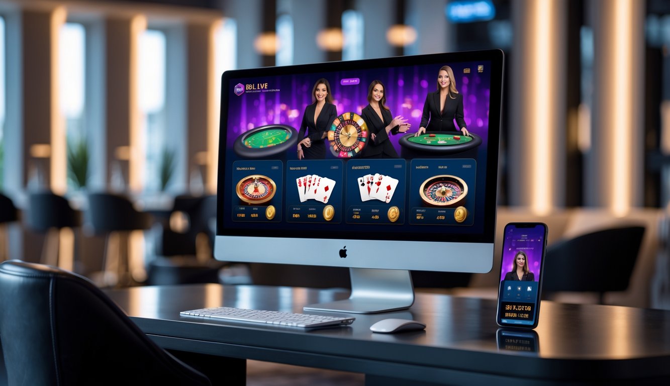 Tampilan komputer dan ponsel yang menunjukkan permainan kasino langsung dengan dealer di latar belakang lounge kasino modern.