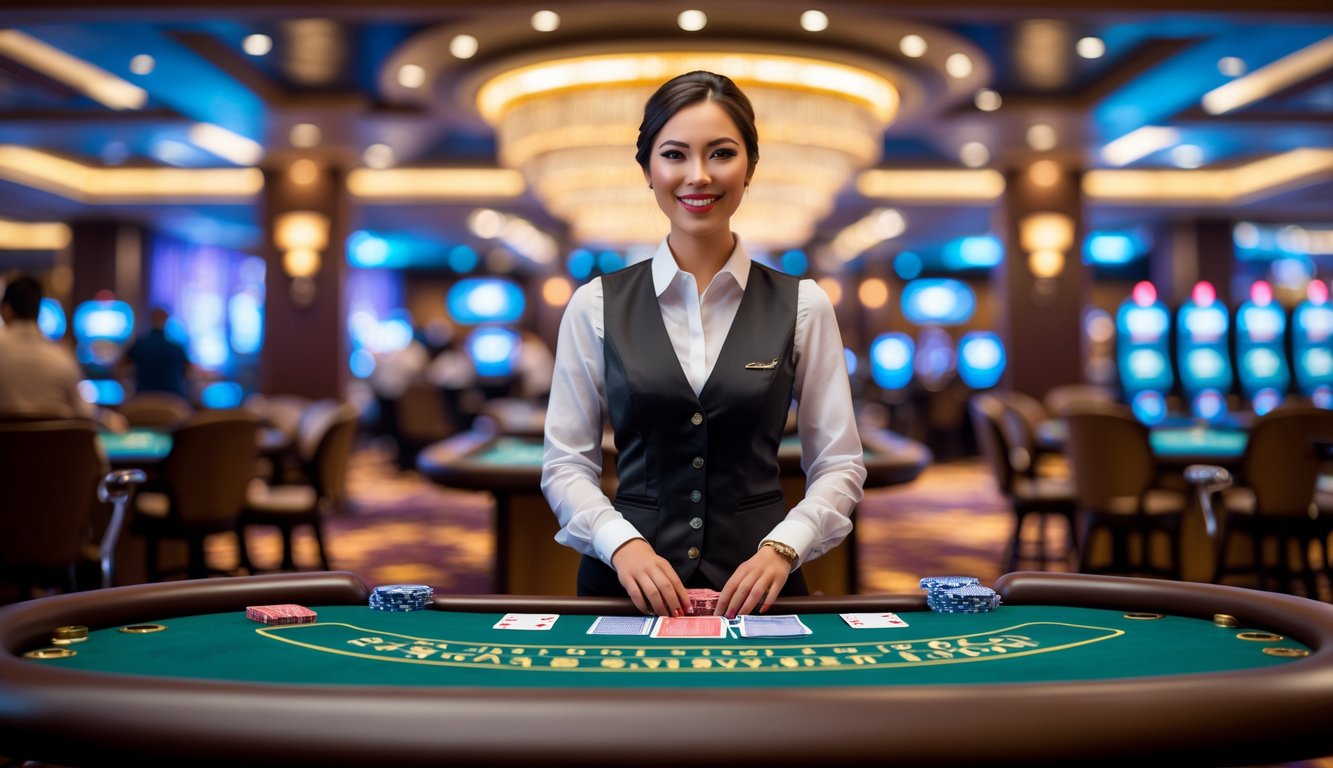 Seorang dealer profesional berdiri di belakang meja kasino dengan kartu bermain di tangan, di dalam ruangan kasino yang mewah dan ramai.