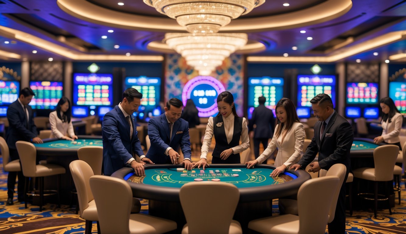 Adegan kasino langsung yang ramai dengan pemain dan dealer di meja permainan di dalam ruangan yang elegan.