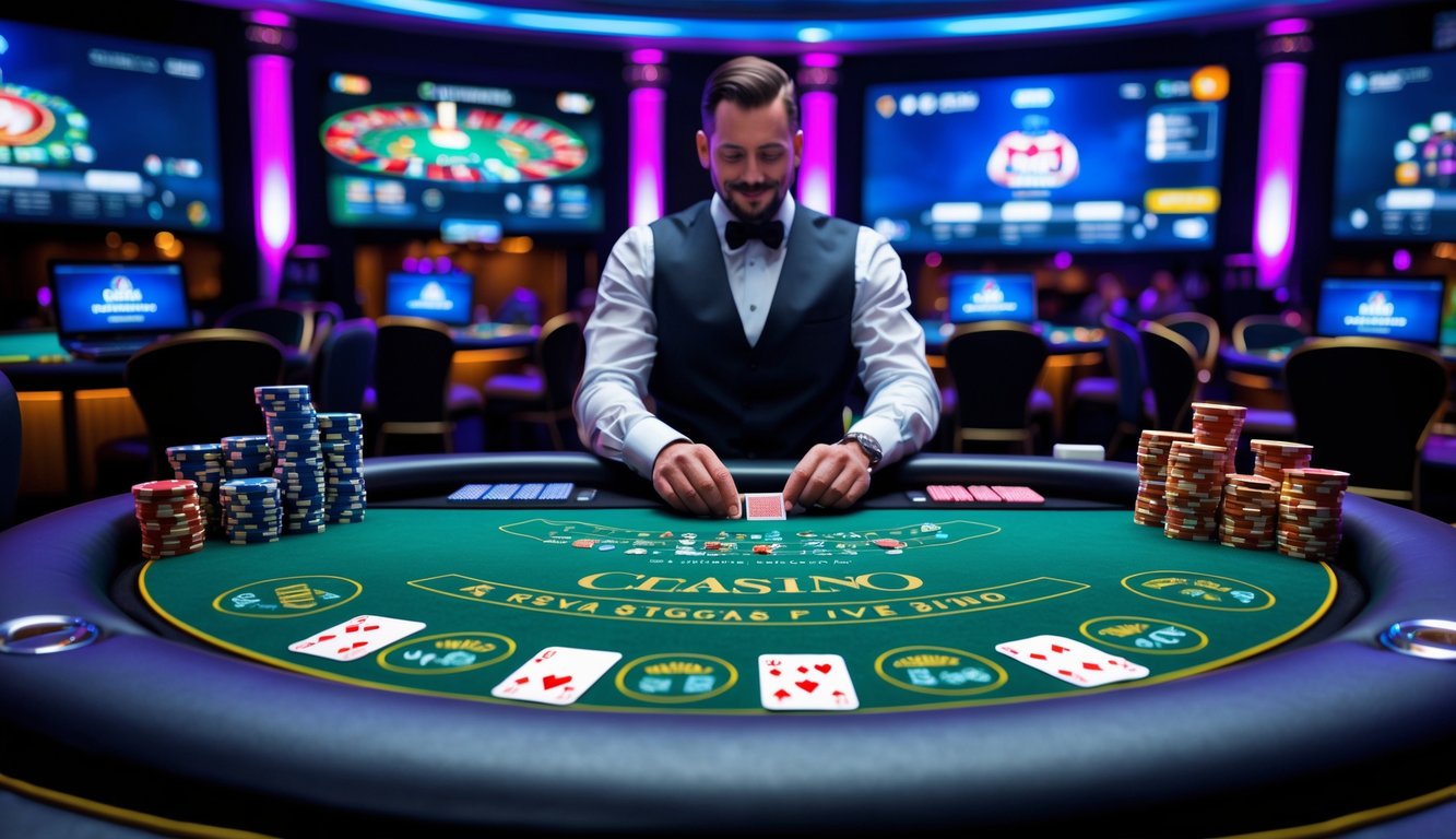 Suasana permainan kasino langsung online dengan meja kasino, dealer membagikan kartu, dan layar besar di latar belakang menampilkan permainan.