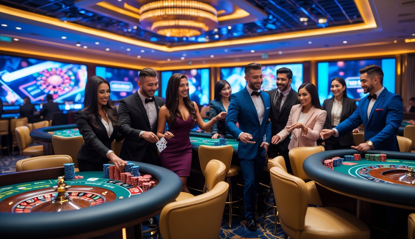 Suasana kasino langsung dengan meja permainan dan dealer yang melayani pemain dalam ruang modern yang ramai.