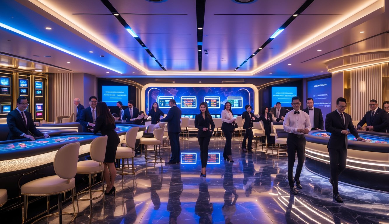 Suasana kasino langsung yang mewah dengan meja permainan dan dealer profesional, pemain menikmati permainan dalam lingkungan yang modern dan cerah.