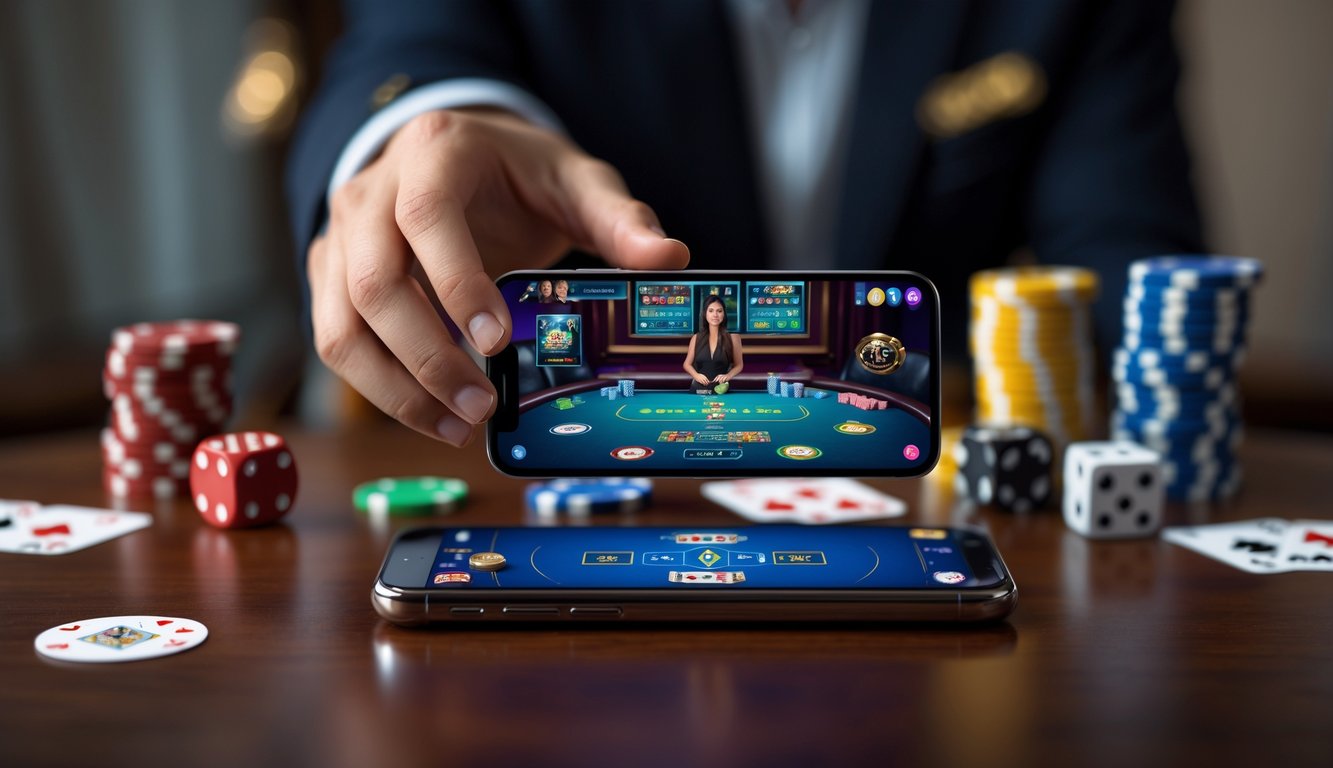 Seseorang memegang ponsel yang menampilkan permainan kasino langsung dengan kartu dan chip di meja kayu.