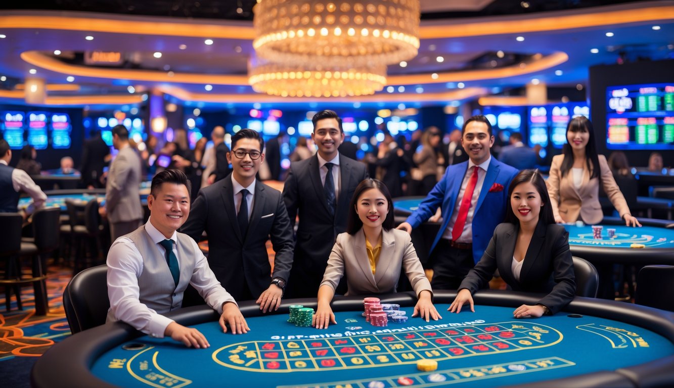 Suasana kasino langsung dengan berbagai meja permainan dan dealer yang melayani pemain yang sedang bermain.