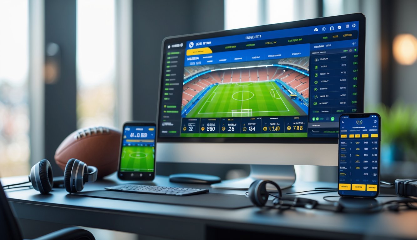 Sebuah meja kerja modern dengan komputer yang menampilkan statistik pertandingan sepak bola dan aplikasi taruhan online, dikelilingi bola sepak dan perangkat teknologi.