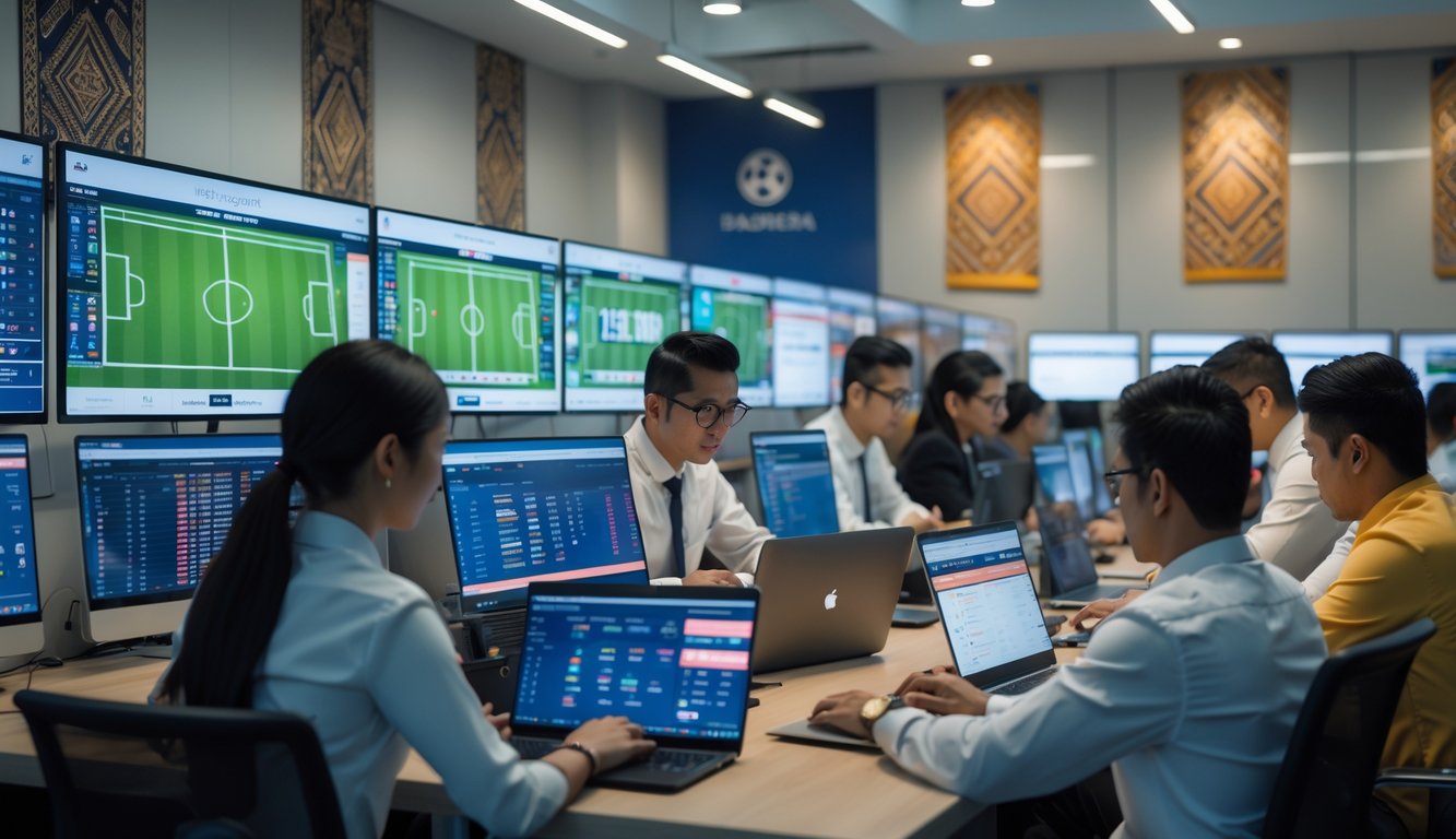 Suasana kantor agen judi bola resmi di Indonesia dengan orang-orang yang sedang melihat pertandingan sepak bola dan menggunakan perangkat komputer.