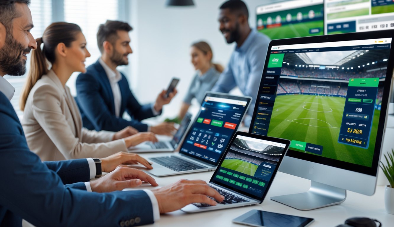 Sekelompok orang menggunakan perangkat digital untuk memasang taruhan sepak bola online di ruang kerja yang modern dan terang.