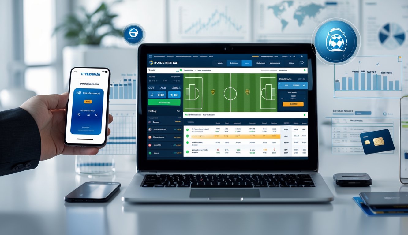 Seorang pria menggunakan laptop dengan tampilan situs taruhan bola online, di meja terdapat smartphone dan kartu kredit, suasana kantor yang rapi dan terang.