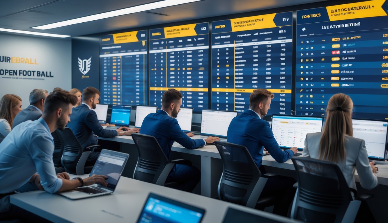 Sekelompok orang sedang melihat layar besar dengan statistik dan skor pertandingan sepak bola Liga Eropa di sebuah kantor modern.