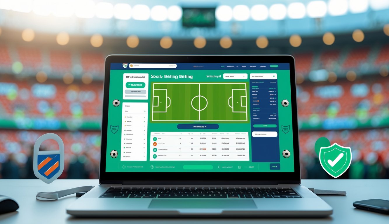 Seorang pengguna sedang melihat situs taruhan bola online yang aman dan terpercaya di laptop dengan latar belakang stadion sepak bola penuh penonton.