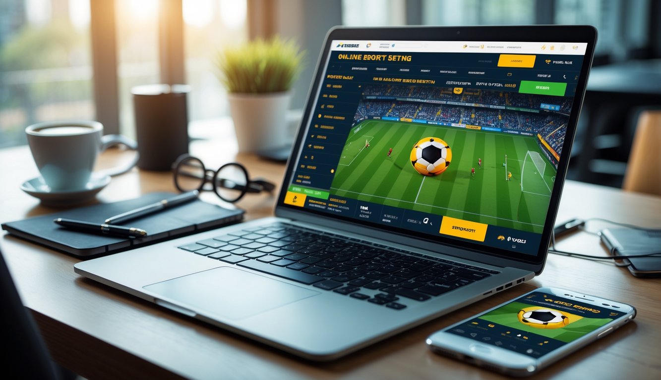 Seorang pria menggunakan laptop dan ponsel untuk memasang taruhan pada pertandingan sepak bola secara online di meja kerja.