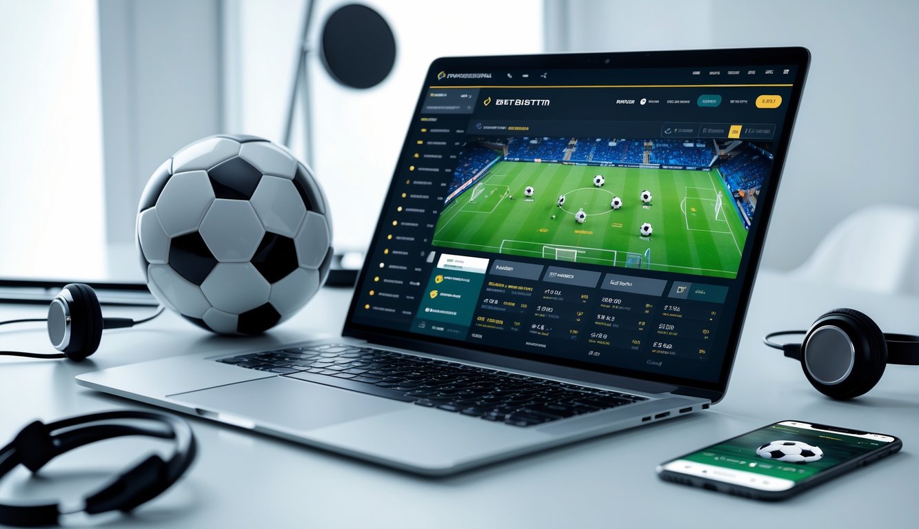 Seorang pria menggunakan laptop di meja dengan bola sepak di sampingnya, menunjukkan aktivitas taruhan bola online.