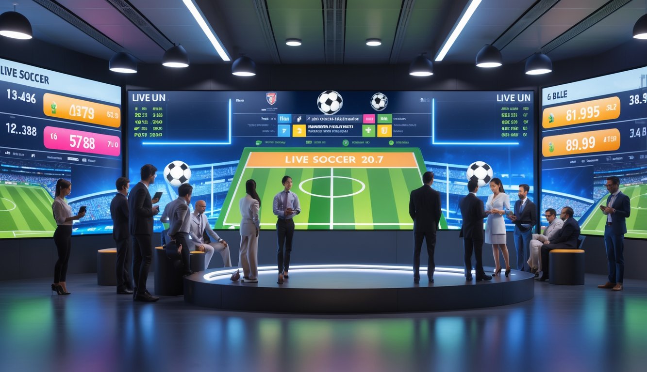 Orang-orang di ruangan modern sedang melihat layar besar yang menampilkan skor dan statistik pertandingan sepak bola secara langsung.