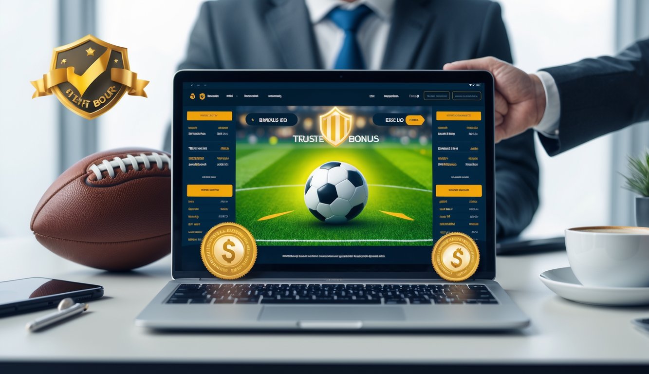 Seorang profesional menggunakan laptop di meja kerja dengan tampilan antarmuka taruhan sepak bola yang modern dan simbol kepercayaan di sekitarnya.