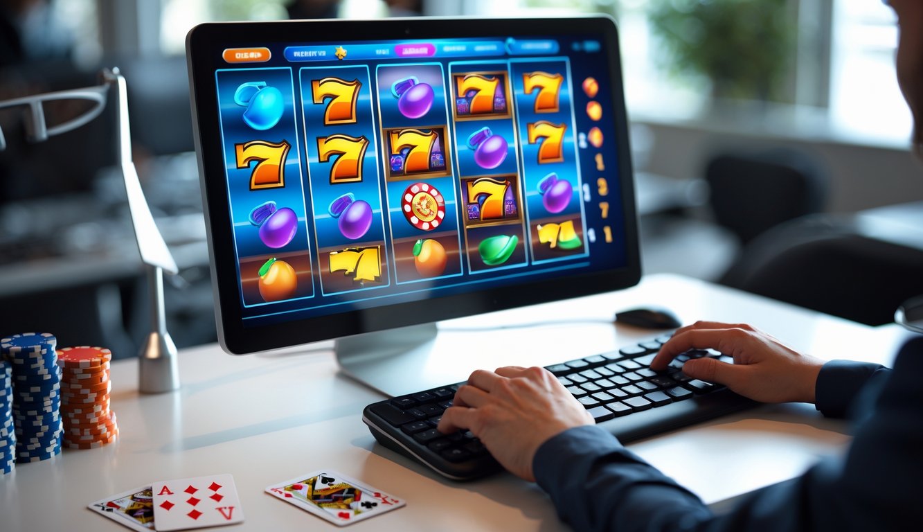 Seorang pengguna bermain mesin slot online di komputer dengan latar belakang meja yang rapi dan elemen kasino seperti chip dan kartu.