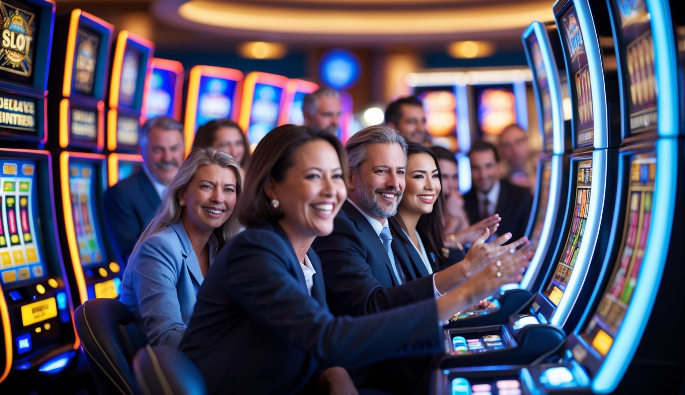 Orang-orang sedang bermain mesin slot di kasino yang modern dan mewah dengan lampu berwarna-warni.