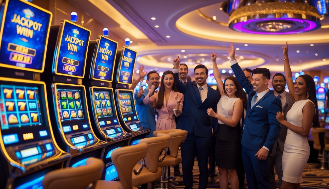 Orang-orang merayakan kemenangan jackpot besar di mesin slot di dalam kasino yang mewah.