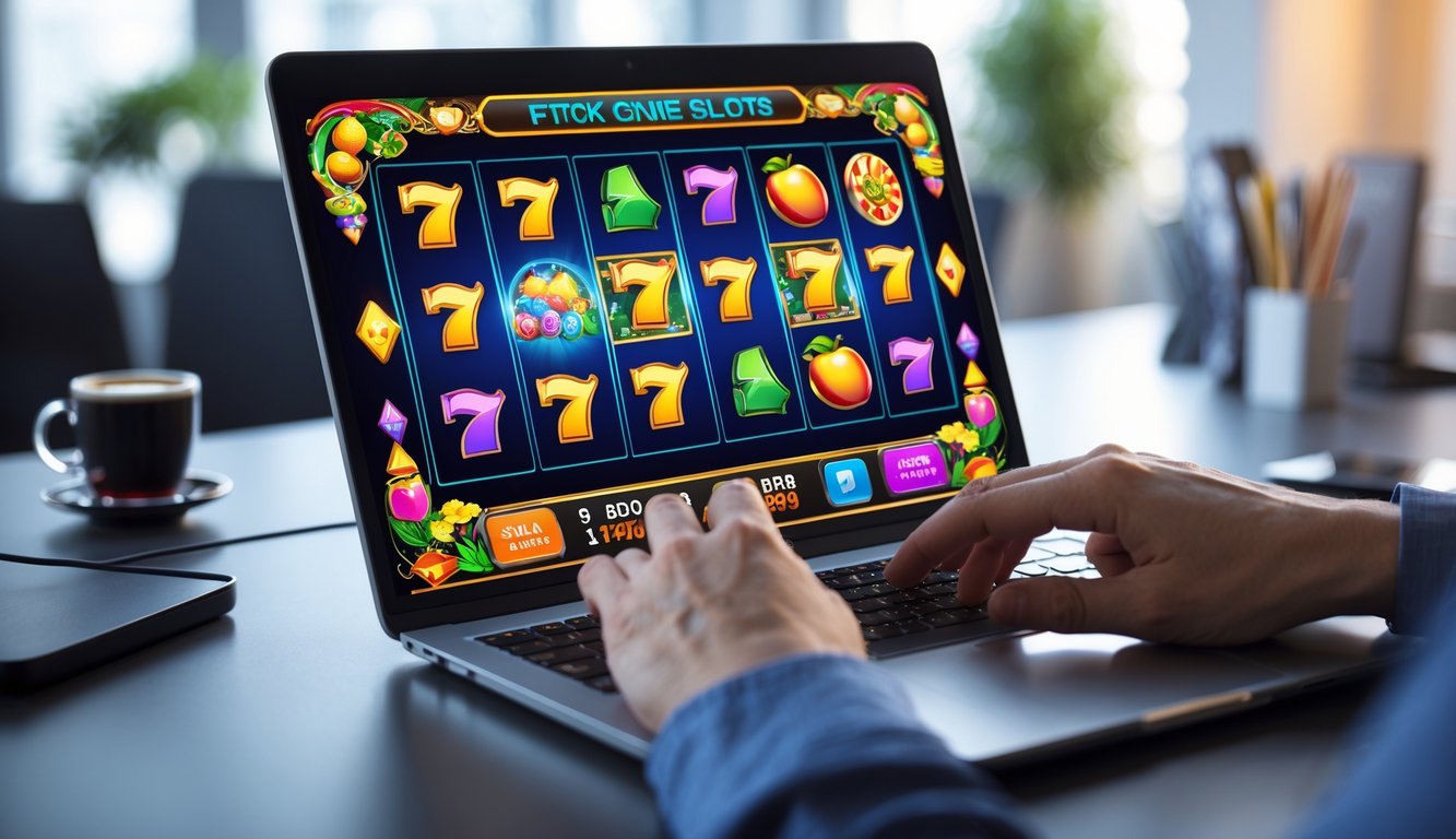 Seorang pengguna sedang bermain permainan slot online di laptop di meja kantor yang rapi.