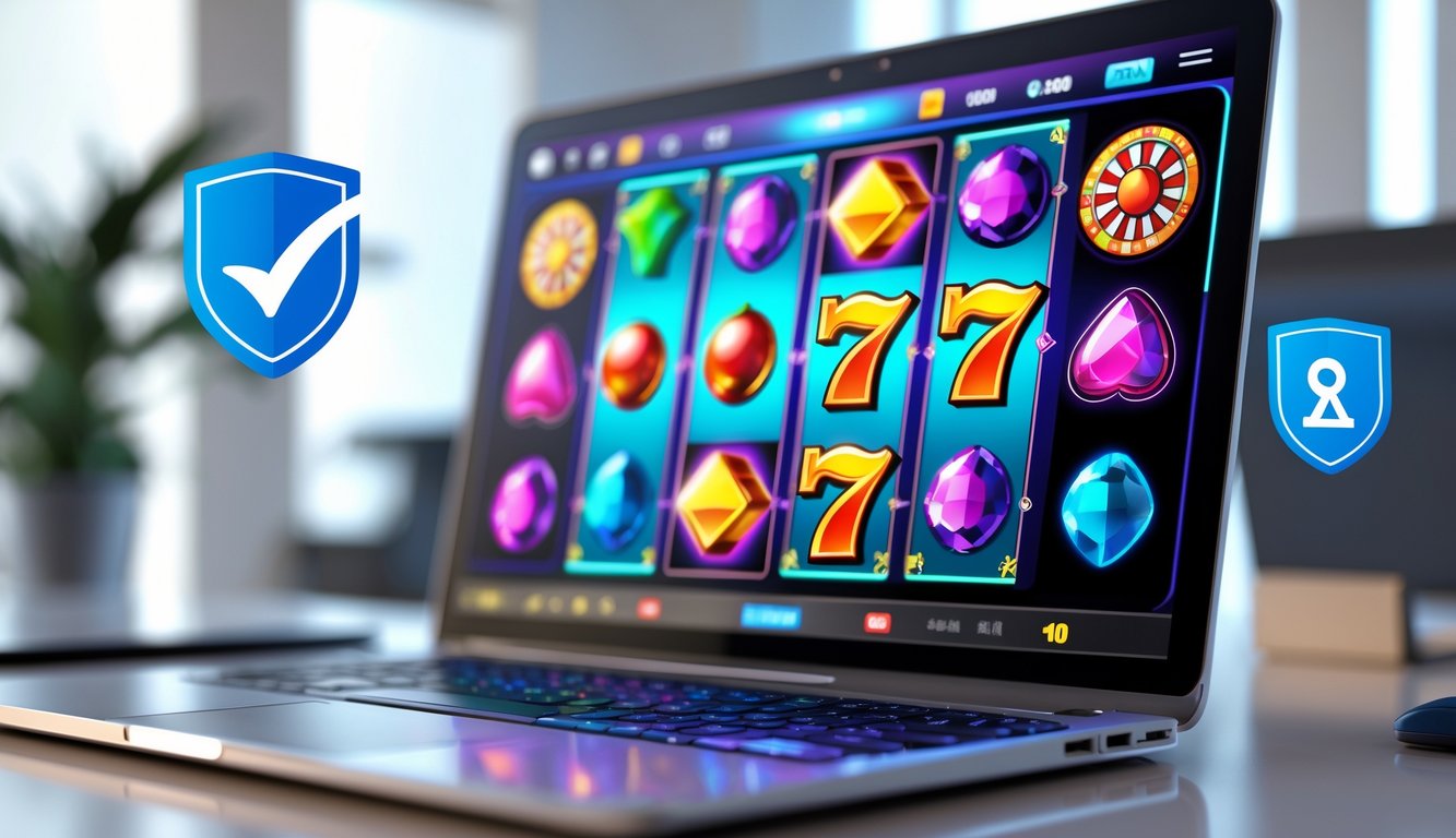 Layar komputer menampilkan mesin slot berwarna-warni dengan simbol buah dan permata, dikelilingi ikon keamanan di latar ruang kantor yang terang.