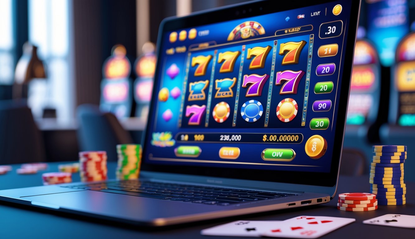 Sebuah layar komputer menampilkan permainan slot online dengan latar belakang elemen kasino seperti chip poker dan kartu remi.