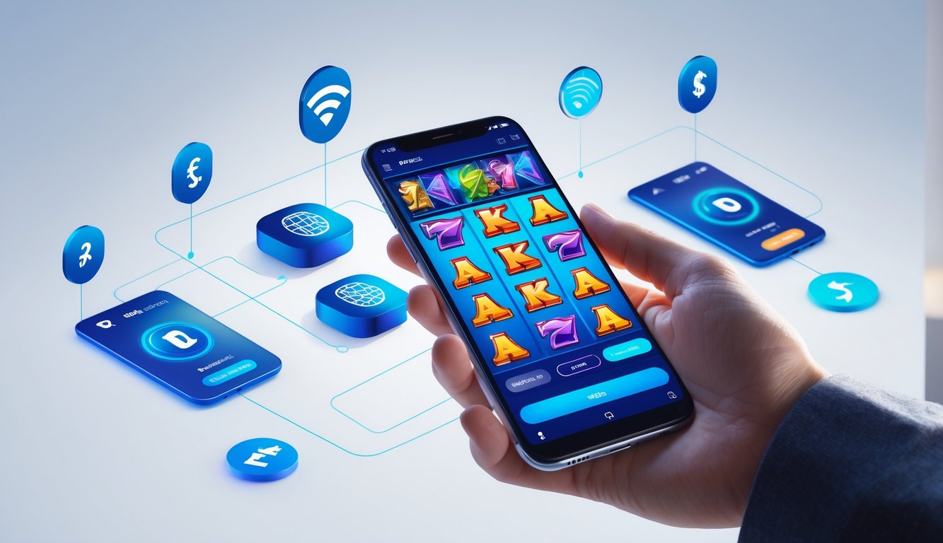 Tangan memegang ponsel yang menampilkan permainan slot online dengan ikon pembayaran pulsa di latar belakang.