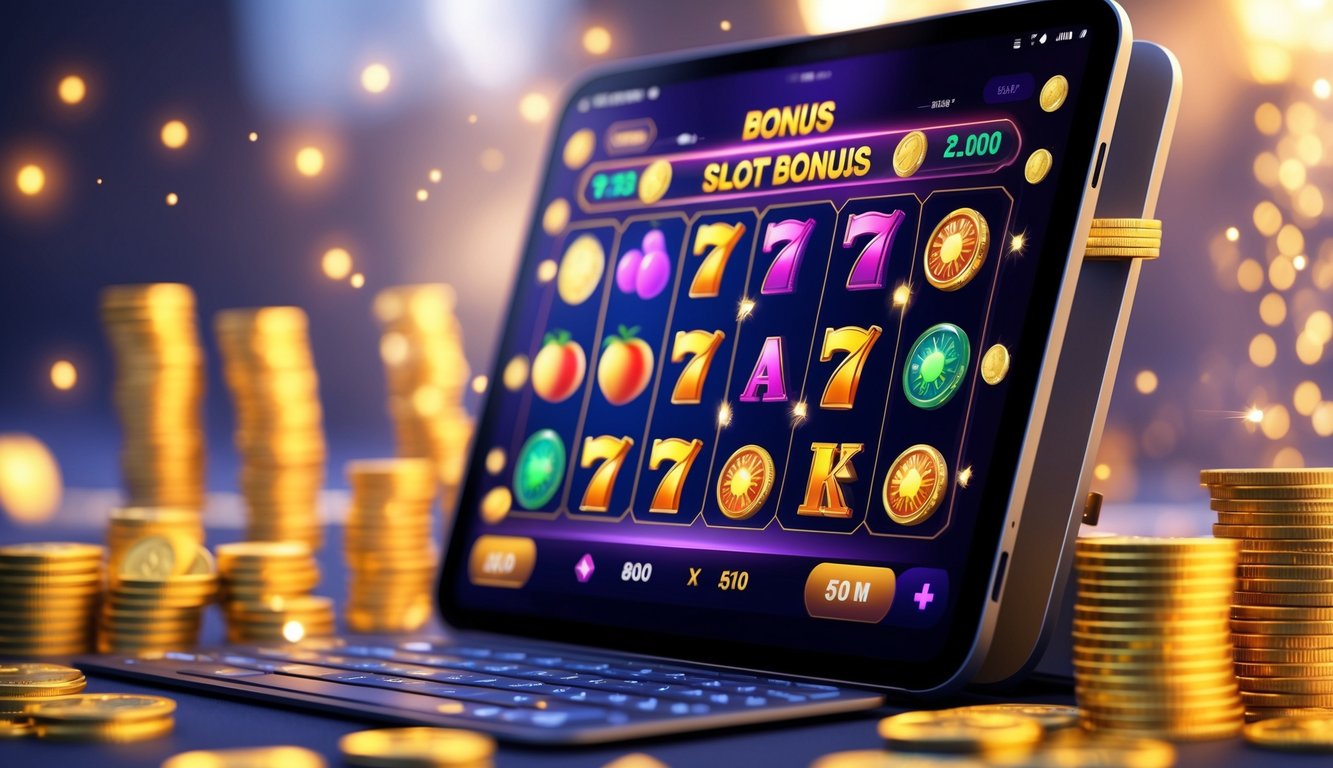 Layar komputer menampilkan permainan slot dengan simbol buah dan koin emas, dikelilingi tumpukan chip kasino dan koin berkilau.