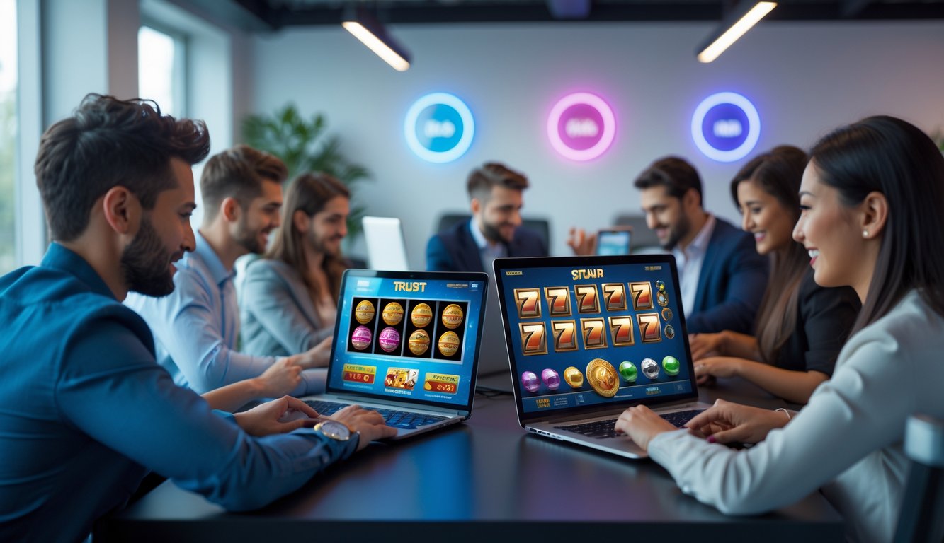 Orang-orang menggunakan perangkat digital di ruangan modern dengan permainan slot online berwarna-warni di layar.