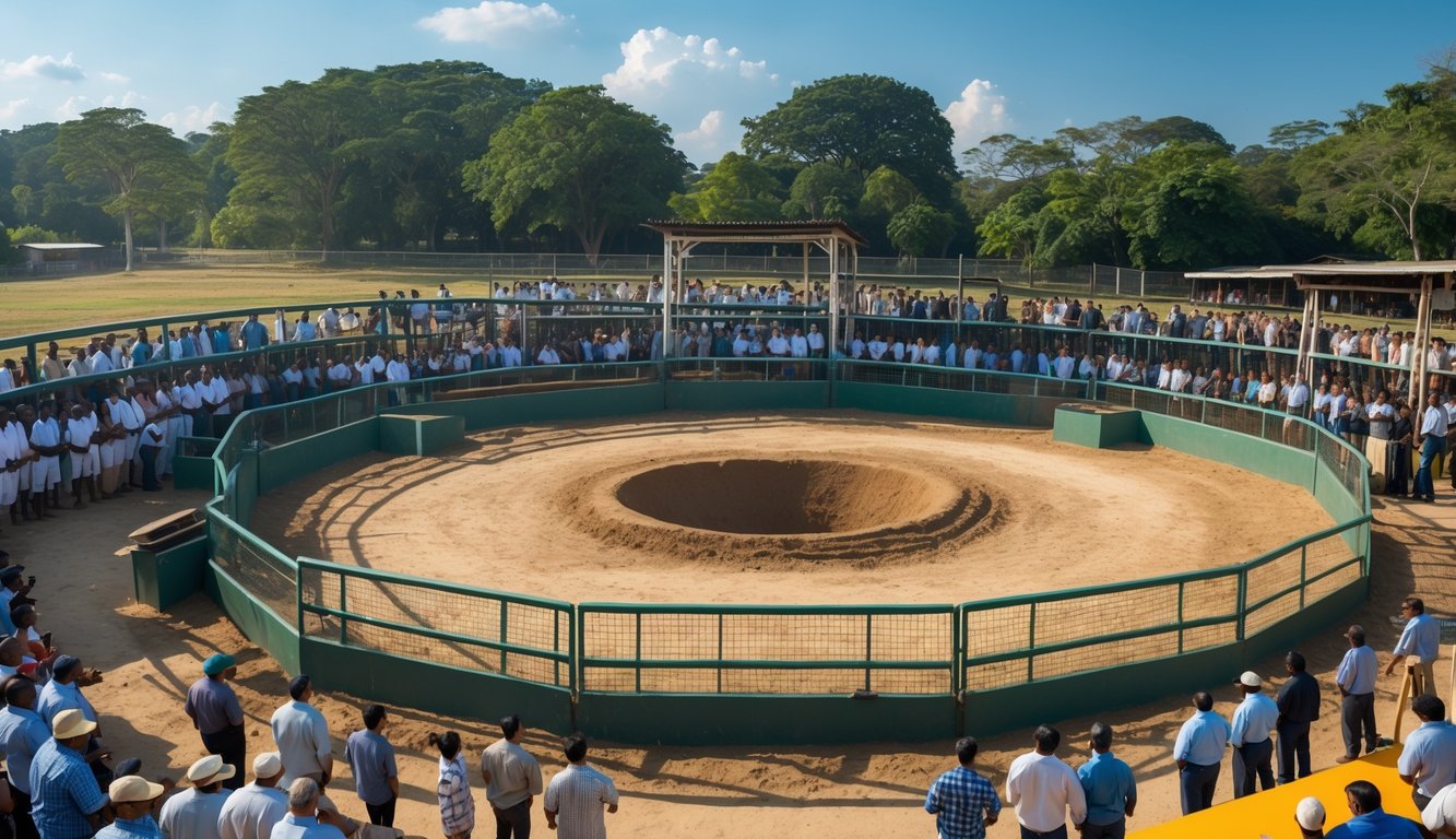 Suasana arena sabung ayam resmi dengan penonton mengelilingi arena berlumpur di luar ruangan pada hari cerah.