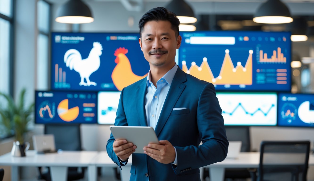Seorang pria Asia Tenggara berdiri di kantor modern dengan layar digital yang menampilkan gambar ayam jago dan grafik, memegang tablet sambil tersenyum.