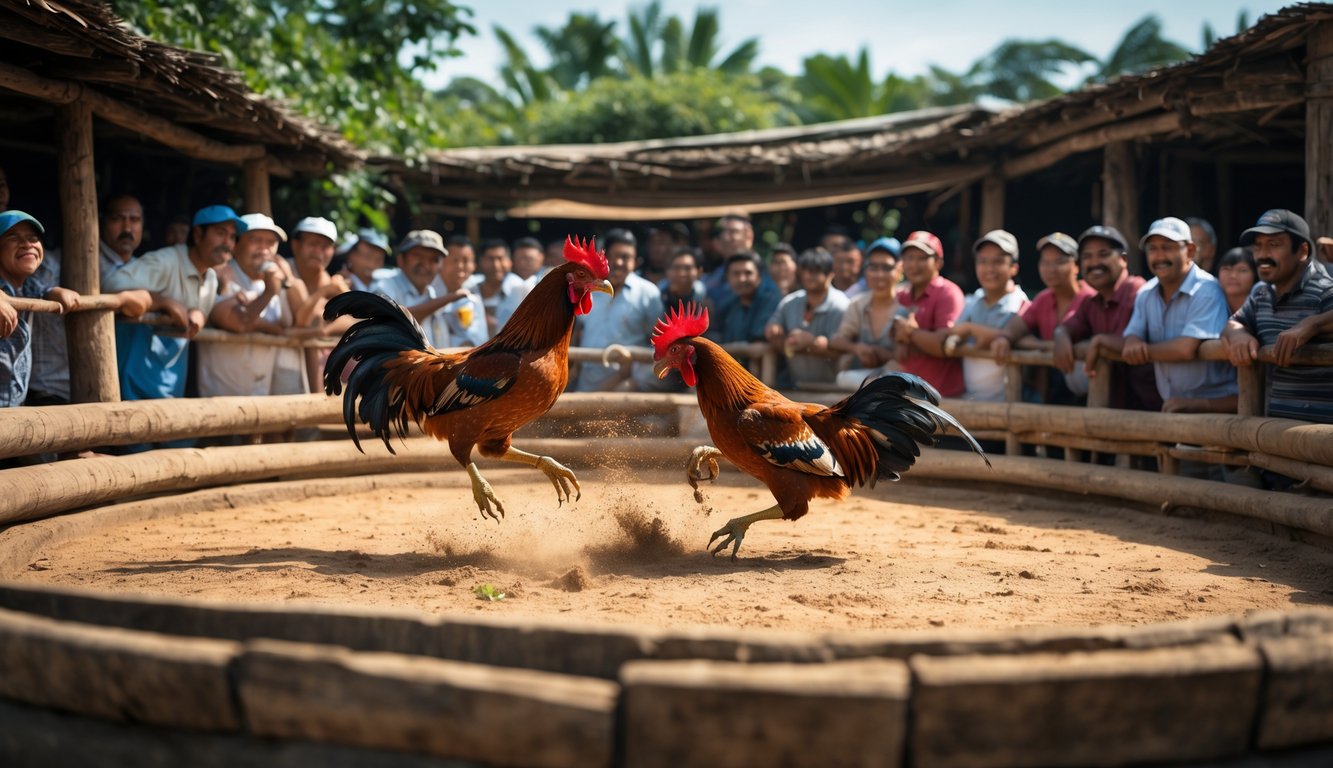 Dua ayam jago sedang bertarung di arena melingkar dengan penonton yang antusias mengelilingi mereka.